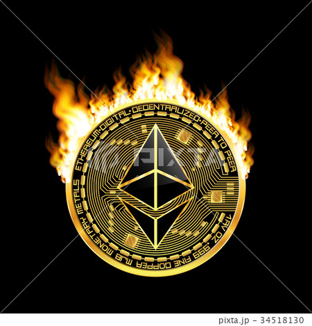 Crypto currency ethereum golden symbol on fire 34518130