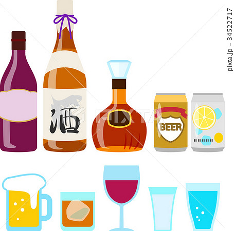 瓶や缶入りの酒とグラスのイラスト素材