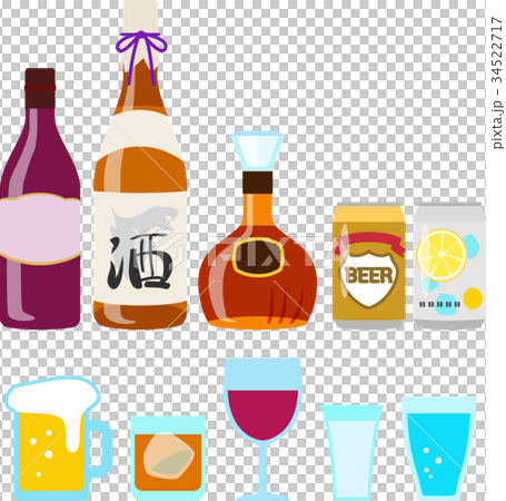 瓶や缶入りの酒とグラスのイラスト素材