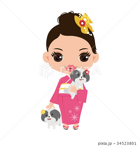 ピンクの着物姿の女の子と犬のイラスト のイラスト素材