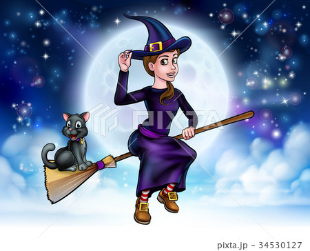 Halloween Witch and Cat on Broomstick Halloween Witch and Cat on Broomstick 34530127