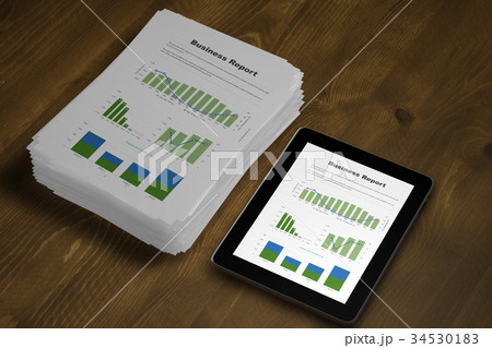 3d illustration tablet and business report のイラスト素材 34530183