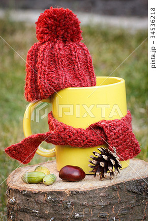 Cup of beverage with woolen cap wrapped scarf 34536218