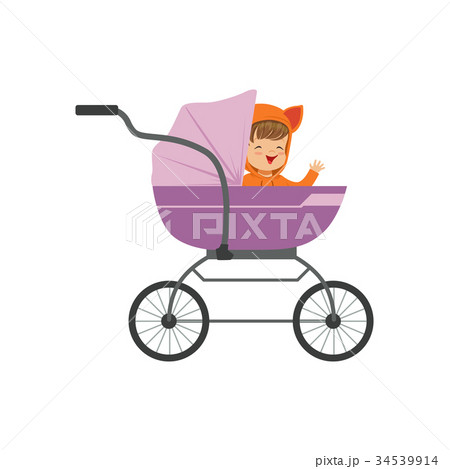 Sweet little kid sitting in a purple baby pram Sweet little kid sitting in a purple baby pram 34539914