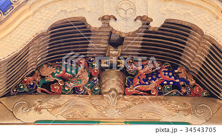 日光東照宮 陽明門 麒麟の彫刻の写真素材