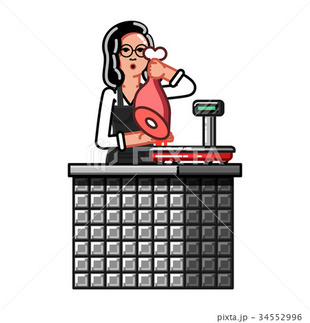 Meat store worker weighs the goods 34552996