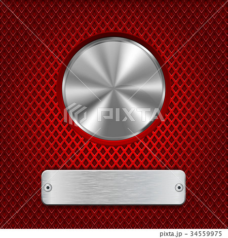 Red perforated background with silver round button 34559975