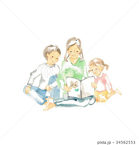 読み聞かせ、母と兄妹、表紙ネコ 34562553