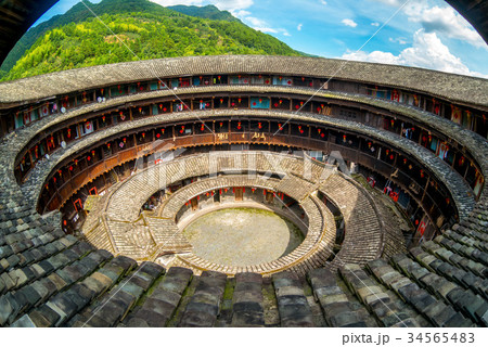 aerial view of fujian tulou (hakka roundhouse) via 34565483