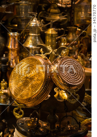 Taditional Turkish metal plates in the bazaar Taditional Turkish metal plates in the bazaar 34570770