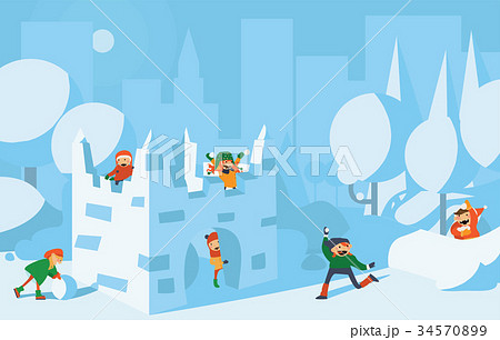 Happy cute kids playing with snow fort castle. Happy cute kids playing with snow fort castle. 34570899