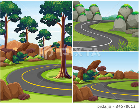 Three road scenes with trees alongside 34578613