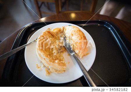 Chicken and mushroom pie on a white plate Chicken and mushroom pie on a white plate 34582182