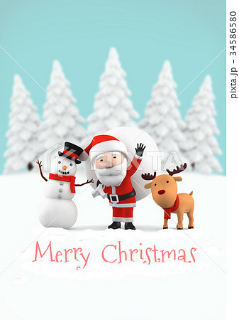 サンタクロースとトナカイと雪だるま 3dイラストのイラスト素材