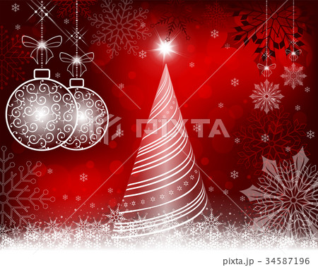 christmas red background with tree and balls in 34587196