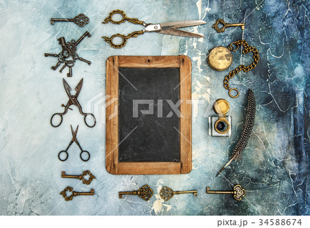 Vintage objects Creative flat lay chalkboard 34588674