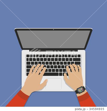 Hands on laptop keyboard with blank screen monitor 34594935