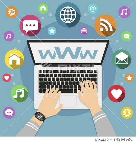 Man use laptop for web surfing. Flat style. 34594936