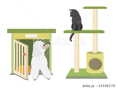 キャットタワーの猫とドッグハウスの犬のイラスト素材