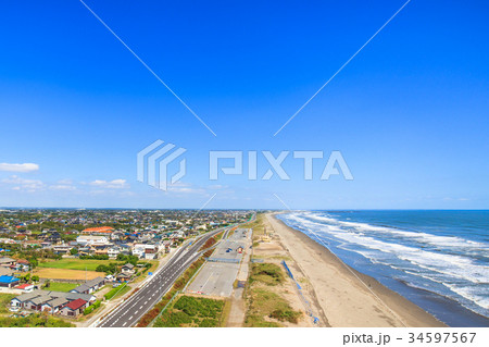 山武郡九十九里町　不動堂海水浴場付近を空撮 34597567