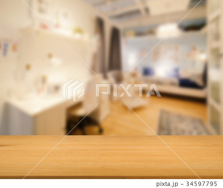 wooden counter with bedroom background 34597795