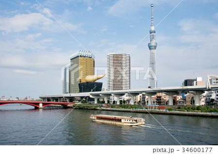 浅草 隅田川 吾妻橋、東京スカイツリー、アサヒビールタワーの風景 浅草 隅田川 吾妻橋、東京スカイツリー、アサヒビールタワーの風景 34600177