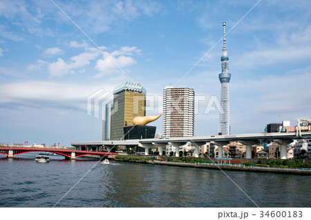 浅草　駒形橋から東京スカイツリー・アサヒビールタワーの風景 34600183