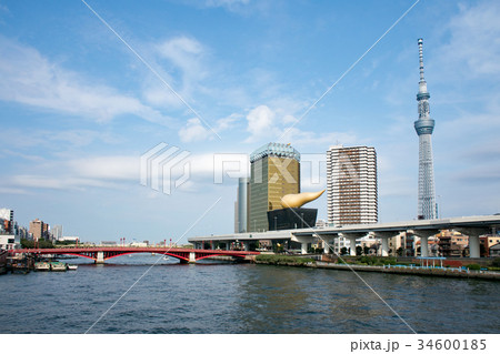 浅草　駒形橋から東京スカイツリー・アサヒビールタワーの風景 34600185