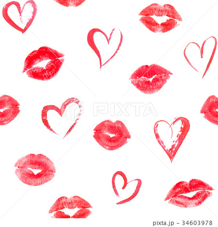 Seamless Pattern With Hearts And Traces Lips Kissのイラスト素材
