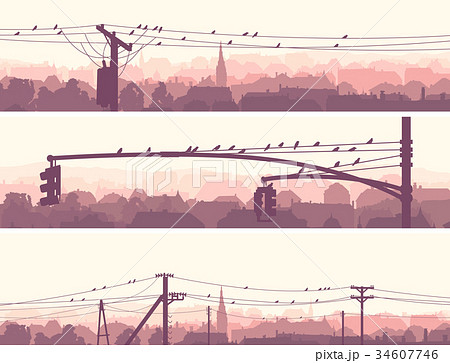 Banners of flock birds on city power lines. 34607746