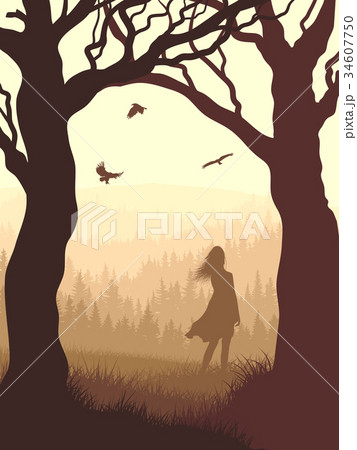 llustration within forest with silhouette girl. 34607750