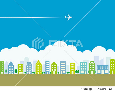 都市風景 夏 飛行機 雲のイラスト素材