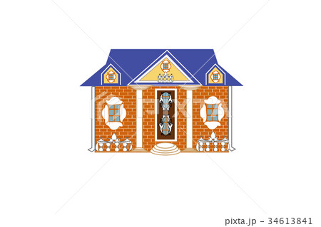 Residential brick house with a blue roof and decor 34613841