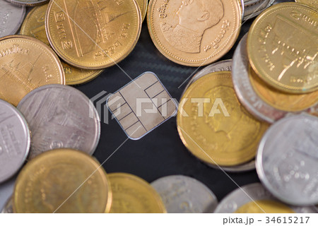 Credit card, coins and money on table. thin focus 34615217