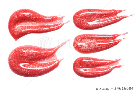 Set of different lip glosses smear isolated on white. Smudged makeup product sample. 34616684