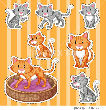 Sticker set with cute cats on yellow background Sticker set with cute cats on yellow background 34617262