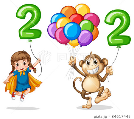 Girl and monkey with number two Girl and monkey with number two 34617445