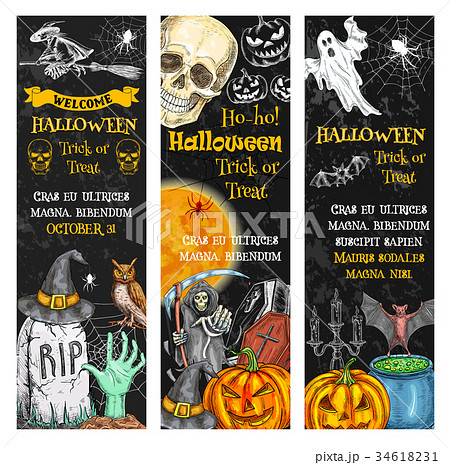 Halloween pumpkin, ghost, skull chalkboard banner 34618231