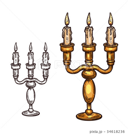 Halloween Vector Sketch Icon Candle In Candlestickのイラスト素材