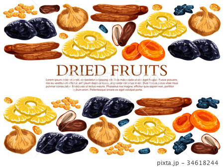 Vector poster of dried fruits snacks Vector poster of dried fruits snacks 34618244