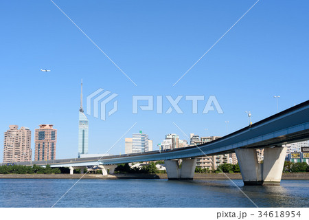 福岡の早良区百道一帯　西から　都市高速右にまっすぐ　飛行機位置左 34618954