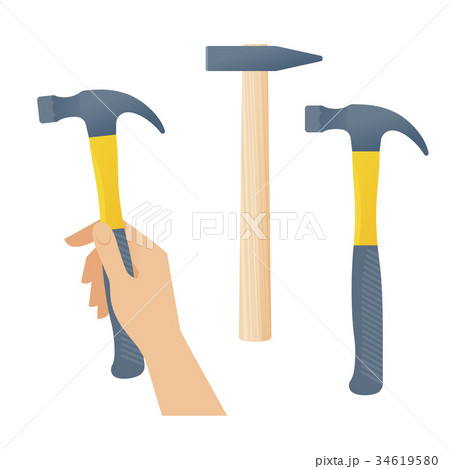 Hand holds hammers with wooden and plastic handles 34619580