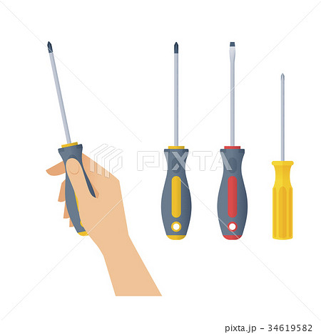 Hand holds screwdrivers with cross and flat header Hand holds screwdrivers with cross and flat header 34619582