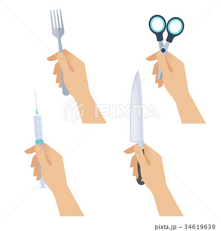 Hands Hold Fork Steel Knife Syringe Scissorsのイラスト素材