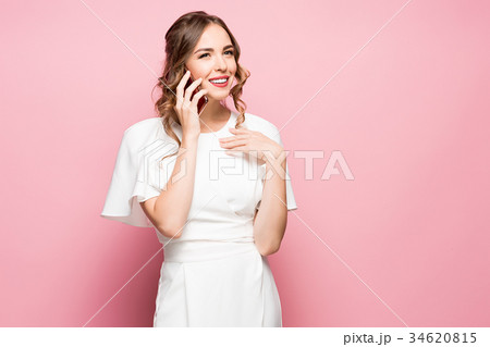 Happy woman phone talking. Face with toothy smile 34620815