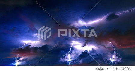 Thunderstorm clouds with lightning at night. 34633450