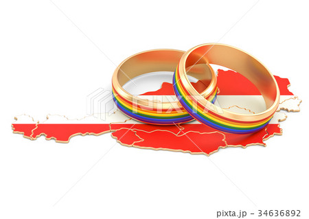 Austrian map with LGBT rainbow rings, 3D rendering Austrian map with LGBT rainbow rings, 3D rendering 34636892