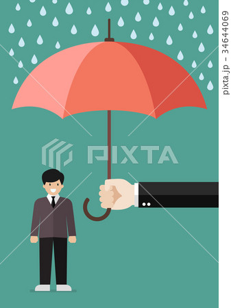 Hand holding an umbrella protecting businessman 34644069