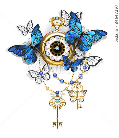 Antique Clock With Butterflies Morpho Stock Illustration