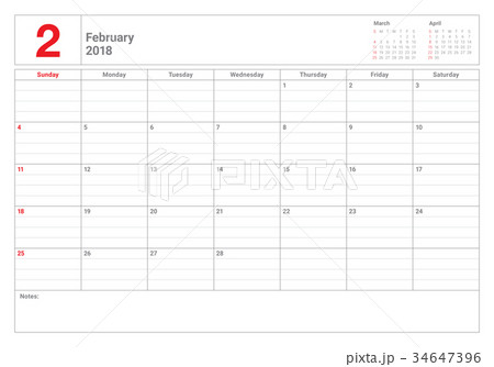 February 2018 calendar planner vector illustration 34647396
